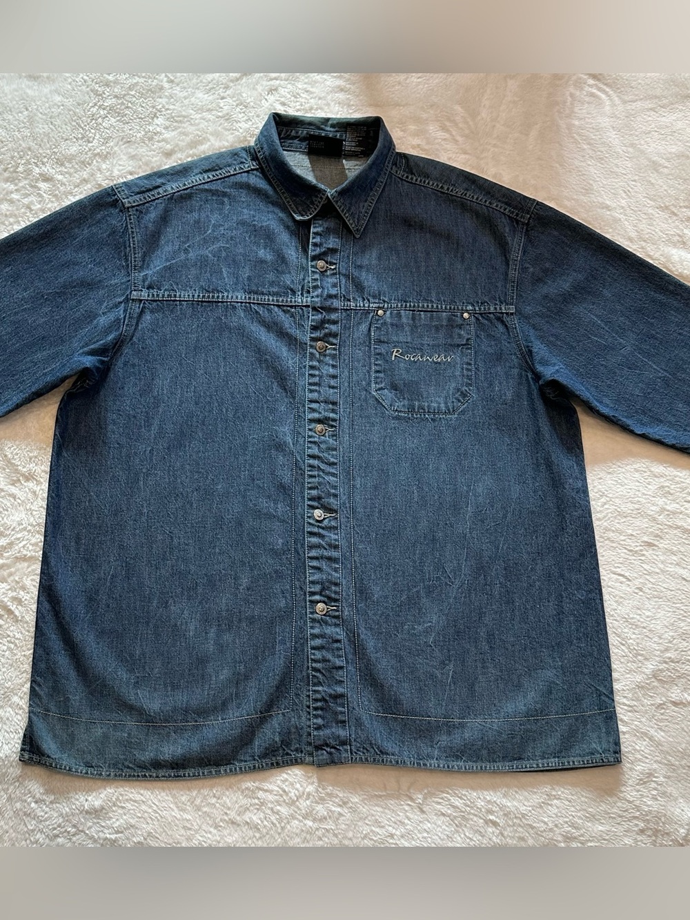 Vintage Rocawear Y2K Denim Shirt Jacket Mens 2XL Baggy Hip Hop Loose Fit Blue